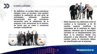 Add your company slogan
LOGO
CONCLUSIÓN
 En definitiva, el cambio debe entenderse
siempre como un proceso, cuya gestión
conlleva la realización de una serie de
actividades, utilizando diversas
herramientas que se consideran
necesarias para la adaptación de la
empresa a las variaciones en el entorno,
de forma que se creen o conserven
ventajas competitivas.
• Debe hacerse una distinción entre el
cambio y la transición a él. El
cambio supone modificar la
naturaleza de la empresa en algún
aspecto, mientras que la transición
consiste en el desplazamiento que
lleva a la empresa desde una
situación a otra diferente. Tanto el
cambio como la transición deben
ser planificados por la empresa
 