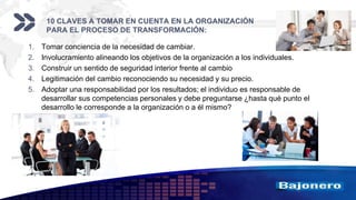 Add your company slogan
LOGO
10 CLAVES A TOMAR EN CUENTA EN LA ORGANIZACIÓN
PARA EL PROCESO DE TRANSFORMACIÓN:
1. Tomar conciencia de la necesidad de cambiar.
2. Involucramiento alineando los objetivos de la organización a los individuales.
3. Construir un sentido de seguridad interior frente al cambio
4. Legitimación del cambio reconociendo su necesidad y su precio.
5. Adoptar una responsabilidad por los resultados; el individuo es responsable de
desarrollar sus competencias personales y debe preguntarse ¿hasta qué punto el
desarrollo le corresponde a la organización o a él mismo?
 