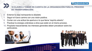 Add your company slogan
LOGO
10 CLAVES A TOMAR EN CUENTA EN LA ORGANIZACIÓN PARA EL PROCESO
DE TRANSFORMACIÓN:
6. Enterrar lo viejo rechazando lo obsoleto
7. Seguir el nuevo camino con una visión positiva.
8. Contar con una actitud de apertura o lo que llama “espíritu abierto”.
9. Practicar la sinergia uniéndose a otros que están en el mismo proceso.
10. Propósito trascendental, los intereses generales deben prevalecer sobre los
particulares.
 