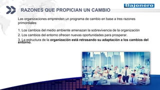 Add your company slogan
LOGO
RAZONES QUE PROPICIAN UN CAMBIO
Las organizaciones emprenden un programa de cambio en base a tres razones
primordiales:
1. Los cambios del medio ambiente amenazan la sobrevivencia de la organización
2. Los cambios del entorno ofrecen nuevas oportunidades para prosperar.
3. La estructura de la organización está retrasando su adaptación a los cambios del
entorno.
 