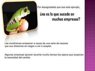 Por desagradable que sea este ejemplo, ¿no es lo que sucede en             	      muchas empresas? Las condiciones empeoran a causa de una serie de razones que sus directivos se niegan a ver o aceptar. Algunas empresas ignoran durante mucho tiempo los signos que auspicianla necesidad del cambio 