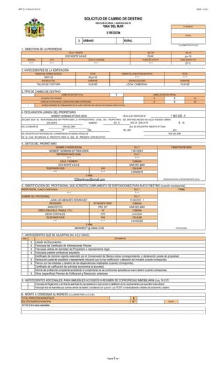 ART 5,1,4 Nro 3 O.G.U.C. (SCD - 4.2.2.)
X
1.- DIRECCION DE LA PROPIEDAD
2. ANTECEDENTES DE LA EDIFICACIÓN
Nº
7.- ANTECEDENTES QUE SE ADJUNTAN (Art. 4.2.2 OGUC)
DOM
X
X
X
X
X
X
X
8.- ANTECEDENTES ADICIONALES, PARA INMUEBLES ACOGIDOS A RÉGIMEN DE COPROPIEDAD INMOBILIARIA (Ley 19.537)
$
N°
NOTAS (Para casos especiales)
19,00 M2
Informe del profesional competente acreditando el cumplimiento de las condiciones aplicables al nuevo destino (cuando corresponda).
Certificado de dominio vigente extendido por el Conservador de Bienes raíces correspondiente, o declaración jurada de propiedad.
Fotocopia cédula de identidad del Propietario o representante legal.
Declaración jurada del propietario o representante indicando que no hay modificación o alteración del inmueble (cuando corresponda).
Certificado de calificación de actividad económica (si procede).
DOCUMENTOS
Planos con las medidas y destino de las dependencias implicadas (cuando corresponda).
SOLICITUD DE CAMBIO DE DESTINO
DOS NORTE #424-B
CALLE Y NÚMERO
FAX CELULAR
* * *
MENARES 7 @ GMAIL.COM
SUPERFICIE
PROFESIONAL
DIEGO PORTALES 1275
FAX CELULAR
VINA DEL MAR
TELEFONOS FIJOS
NOMBRE DEL PROFESIONAL
LA LIGUA
123berlinxxx@gmail.com
Nº PATENTE PROF.
BOLETIN INGRESO MUNICIPAL
DIRECCIÓN (CALLE / PASAJE, ETC) Nº COMUNA
Fotocopia del Reglamento y del Acta de asamblea de copropietarios en que conste la habilitación de los representantes que suscriben esta solicitud.
FECHA
TOTAL DERECHOS MUNICIPALES
TELEFONOS FIJOS
PROFESIÓN
Fotocopia Acta de Asamblea que autoriza cambio de destino, cumpliendo con quorum -Ley 19.537- e individualizando unidades de condominio y destino.
Otros (especificar) Permiso de Edificacion y Resolucion anteriores
* * * 9-41055309
ARQUITECTO PRO 207
E-MAIL
URBANO RURAL
DOS NORTE #424-B
ROL DE AVALUO NºDOS NORTE 424 - B
CAMBIO DE DESTINO TOTAL CAMBIO DE DESTINO PARCIALX
SECTOR
V REGION
NÚMERO DEL PERMISO ANTERIOR FECHA NÚMERO DE LA RECEPCIÓN DEFINITIVA
* * *
* * *
MANZANA LOTE
5.- DATOS DEL PROPIETARIO
SI
* A LLENAR POR LA D.O.M.
PLAN
* * * * * * 9-95948418
LOTEO O LOCALIDAD
* * * * * *
PLANO DE LOTEO Nº
NOMBRE O RAZÓN SOCIAL
DIRECCION DE OBRAS - I. MUNICIPALIDAD DE
Nº INGRESO
ZONA, SEGÚN P.R.C
FECHA
ROL SII
jun-14
CALLE Y NÚMERO
HERBERT HERMANN BITTNER ARON 7 963 828-5
DESTINO ACTUAL
TALLER DE COSTURA LOCAL COMERCIAL
NUMERO
3, TIPO DE CAMBIO DE DESTINO
DECLARA BAJO SU RESPONSABILIDAD SER PROPIETARIO (O REPRESENTANTE LEGAL DEL PROPIETARIO) DEL BIEN RAIZ UBICADO EN CALLE/ AVENIDA/ CAMINO
FECHA
10831-02 30-jul-02
SUPERFICIE
19,00 M2
E7-C* * *
DESTINO SOLICITADO
* * * * * *
JUAN LUIS MENARES RODRIGUEZ 15 069 551 - 1
* * *
* * *
COMUNA
VINA DEL MAR
E-MAIL
COMUNA
R.U.T. FIRMA PROPIETARIO
PERSONA NATURAL O REPRESENTANTE LEGAL
REPRESENTANTE LEGAL
RAZÓN SOCIAL (CUANDO CORRESPONDA) R.U.T. FIRMA
R.U.T.
R.U.T.
Fotocopia del Certificado de Informaciones Previas
Listado de Documentos
CÉDULA DE IDENTIDAD Nº
EN EL CUAL SE EMPLAZA EL PROYECTO PARA EL QUE SE PRESENTA ESTA SOLICITUD.
VINA DEL MAR
CARGA DE OCUPACION DE LA EDIFICACION SOBRE 30 PERSONAS
X
X
* * *
DEL AÑO 2014
VINA DEL MAR
1982 2346
DE LA COMUNA DE VINA DEL MAR QUE SE ENCUENTRA INSCRITO A FOJAS
REQUIERE OTRO PERMISO
Fotocopia patente profesional arquitecto
6.- IDENTIFICACIÓN DEL PROFESIONAL QUE ACREDITA CUMPLIMIENTO DE DISPOSICIONES PARA NUEVO DESTINO (cuando corresponda)
9.- MONTO A CONSIGNAR AL INGRESO (A LLENAR POR LA D.O.M.)
6 - 14
DEL REGISTRO DE PROPIEDAD DEL CONSERVADOR DE BIENES RAÍCES DE
HERBERT HERMANN BITTNER ARON 7 963 828 - 5
SI
NO
NO
NUMERO ESTIMADO DE TRABAJADORES EN EL NUEVO DESTINO (EN CASO DE ACTIVIDADES PRODUCTIVAS)1
4, DECLARACION JURADA DEL PROPIETARIO
Página 1 de 1
 