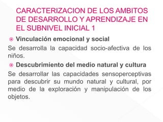 CARACTERIZACION DE LOS AMBITOS
DE DESARROLLO Y APRENDIZAJE EN
EL SUBNIVEL INICIAL 1
 Vinculación emocional y social
Se desarrolla la capacidad socio-afectiva de los
niños.
 Descubrimiento del medio natural y cultura
Se desarrollar las capacidades sensoperceptivas
para descubrir su mundo natural y cultural, por
medio de la exploración y manipulación de los
objetos.
 