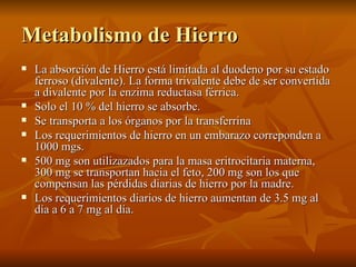 Metabolismo de Hierro <ul><li>La absorción de Hierro está limitada al duodeno por su estado ferroso (divalente). La forma ...