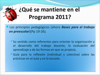 ¿Qué se mantiene en el
Programa 2011?
Los principios pedagógicos (ahora Bases para el trabajo
en preescolar)(Pp 19-26).
Su sentido como referentes para orientar la organización y
el desarrollo del trabajo docente, la evaluación del
aprendizaje y de las formas en que se propicia.
Guía para la reflexión (individual y colectiva) sobre las
prácticas en el aula y en la escuela.
 