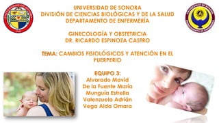 UNIVERSIDAD DE SONORA
DIVISIÓN DE CIENCIAS BIOLÓGICAS Y DE LA SALUD
DEPARTAMENTO DE ENFERMERÍA
GINECOLOGÍA Y OBSTETRICIA
DR. RICARDO ESPINOZA CASTRO
TEMA: CAMBIOS FISIOLÓGICOS Y ATENCIÓN EN EL
PUERPERIO
EQUIPO 3:
Alvarado Mavid
De la Fuente María
Munguía Estrella
Valenzuela Adrián
Vega Alda Omara
 