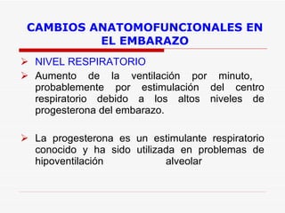 CAMBIOS ANATOMOFUNCIONALES EN EL EMBARAZO NIVEL RESPIRATORIO Aumento de la ventilación por minuto,  probablemente por estimulación del centro respiratorio debido a los altos niveles de progesterona del embarazo. La progesterona es un estimulante respiratorio conocido y ha sido utilizada en problemas de hipoventilación alveolar  