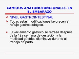CAMBIOS ANATOMOFUNCIONALES EN EL EMBARAZO NIVEL GASTROINTESTINAL Todas estas modificaciones favorecen el reflujo gastroesofágico.       El vaciamiento gástrico se retrasa después de la 12a semana de gestación y la motilidad gástrica disminuye durante el trabajo de parto.  