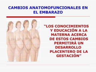 CAMBIOS ANATOMOFUNCIONALES EN EL EMBARAZO “ LOS CONOCIMIENTOS Y EDUCACIÓN A LA MATERNA ACERCA DE ESTOS CAMBIOS PERMITIRÁ UN DESARROLLO  PLACENTERO DE LA GESTACIÓN” 