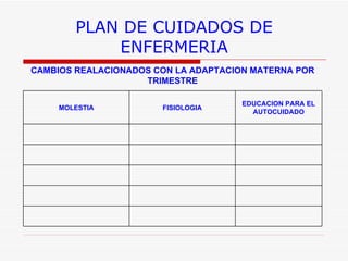 PLAN DE CUIDADOS DE ENFERMERIA CAMBIOS REALACIONADOS CON LA ADAPTACION MATERNA POR TRIMESTRE MOLESTIA FISIOLOGIA EDUCACION PARA EL AUTOCUIDADO                               