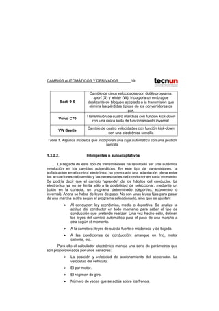 CAMBIOS AUTOMÁTICOS Y DERIVADOS 19
Saab 9-5
Cambio de cinco velocidades con doble programa:
sport (S) y winter (W). Incorpora un embrague
deslizante de bloqueo acoplado a la transmisión que
elimina las pérdidas típicas de los convertidores de
par.
Volvo C70
Transmisión de cuatro marchas con función kick-down
con una única tecla de funcionamiento invernal.
VW Beetle
Cambio de cuatro velocidades con función kick-down
con una electrónica sencilla
Tabla 1. Algunos modelos que incorporan una caja automática con una gestión
sencilla
1.3.2.2. Inteligentes o autoadaptativos
La llegada de este tipo de transmisiones ha resultado ser una auténtica
revolución en los cambios automáticos. En este tipo de transmisiones, la
sofisticación en el control electrónico ha provocado una adaptación plena entre
las actuaciones del cambio y las necesidades del conductor en cada momento.
Se podría decir que el cambio “aprende” de los hábitos del conductor. La
electrónica ya no se limita sólo a la posibilidad de seleccionar, mediante un
botón en la consola, un programa determinado (deportivo, económico o
invernal). Ahora se habla de leyes de paso. No son unas leyes fijas para pasar
de una marcha a otra según el programa seleccionado, sino que se ajustan:
• Al conductor: ley económica, media o deportiva. Se analiza la
actitud del conductor en todo momento para saber el tipo de
conducción que pretende realizar. Una vez hecho esto, definen
las leyes del cambio automático para el paso de una marcha a
otra según el momento.
• A la carretera: leyes de subida fuerte o moderada y de bajada.
• A las condiciones de conducción: arranque en frío, motor
caliente, etc.
Para ello el calculador electrónico maneja una serie de parámetros que
son proporcionados por unos sensores:
• La posición y velocidad de accionamiento del acelerador. La
velocidad del vehículo.
• El par motor.
• El régimen de giro.
• Número de veces que se actúa sobre los frenos.
 