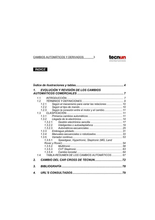 CAMBIOS AUTOMÁTICOS Y DERIVADOS 3
. ÍNDICE .
Índice de ilustraciones y tablas...........................................................4
1. EVOLUCIÓN Y REVISIÓN DE LOS CAMBIOS
AUTOMÁTICOS COMERCIALES .........................................................7
1.1. INTRODUCCIÓN ............................................................................... 7
1.2. TÉRMINOS Y DEFINICIONES.......................................................... 9
1.2.1. Según el mecanismo para variar las relaciones...................... 10
1.2.2. Según el tipo de mando........................................................... 10
1.2.3. Según la conexión entre el motor y el cambio......................... 11
1.3. CLASIFICACIÓN.............................................................................. 11
1.3.1. Primeros cambios automáticos................................................ 11
1.3.2. Llegada de la electrónica......................................................... 14
1.3.2.1. Gestión electrónica sencilla ............................................ 17
1.3.2.2. Inteligentes o autoadaptativos ........................................ 19
1.3.2.3. Automáticos-secuenciales .............................................. 25
1.3.3. Embrague pilotado................................................................... 31
1.3.4. Manuales-secuenciales o robotizados..................................... 33
1.3.5. Variador continuo..................................................................... 53
1.3.5.1. Speedgear, Hypertronic, Steptronic (MG, Land
Rover y Rover).................................................................................... 54
1.3.5.2. Multitronic ........................................................................ 58
1.3.5.3. CVT Steptronic................................................................ 63
1.3.5.4. Cambio toroidal ............................................................... 64
1.4. TABLA-RESUMEN DE LOS CAMBIOS AUTOMÁTICOS............... 67
2. CAMBIO DEL CAR CROSS DE TECNUN.................................. 72
3. BIBLIOGRAFÍA.......................................................................... 78
4. URL’S CONSULTADOS............................................................. 79
 