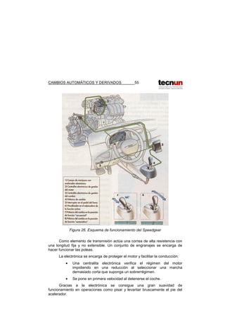 CAMBIOS AUTOMÁTICOS Y DERIVADOS 55
Figura 26. Esquema de funcionamiento del Speedgear
Como elemento de transmisión actúa una correa de alta resistencia con
una longitud fija y no extensible. Un conjunto de engranajes se encarga de
hacer funcionar las poleas.
La electrónica se encarga de proteger el motor y facilitar la conducción:
• Una centralita electrónica verifica el régimen del motor
impidiendo en una reducción al seleccionar una marcha
demasiado corta que suponga un sobrerrégimen.
• Se pone en primera velocidad al detenerse el coche.
Gracias a la electrónica se consigue una gran suavidad de
funcionamiento en operaciones como pisar y levantar bruscamente el pie del
acelerador.
 