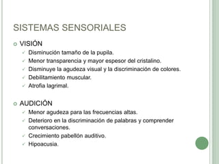 SISTEMAS SENSORIALES
 VISIÓN
 Disminución tamaño de la pupila.
 Menor transparencia y mayor espesor del cristalino.
 Disminuye la agudeza visual y la discriminación de colores.
 Debilitamiento muscular.
 Atrofia lagrimal.
 AUDICIÓN
 Menor agudeza para las frecuencias altas.
 Deterioro en la discriminación de palabras y comprender
conversaciones.
 Crecimiento pabellón auditivo.
 Hipoacusia.
 