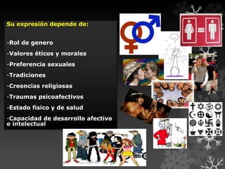 Su expresión depende de:
-Rol de genero
-Valores éticos y morales
-Preferencia sexuales
-Tradiciones
-Creencias religiosas
-Traumas psicoafectivos
-Estado fisico y de salud
-Capacidad de desarrollo afectivo
e intelectual
 