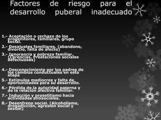 1.- Aceptación o rechazo de los
progenitores, familiares, grupo
social.
2.- Desajustes familiares. (abandono,
divorcio, falta de afecto)
3.- Ignorancia y pobreza familiar.
(Carencias, Prestaciones sociales
defectuosas)
4.- Desconocimiento por los padres de
los cambios conductuales en esta
etapa
5.- Estímulos mediocres y falta de
oportunidades para su desarrollo.
6.- Pérdida de la autoridad paterna y
de la relación afectiva familiar.
7.- Inducción y proselitismo hacia
actividades antisociales.
8.- Desenfreno social. (Alcoholismo,
drogadicción, agresión social y
sexual)
Factores de riesgo para el
desarrollo puberal inadecuado
 