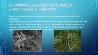 La génesis y las primeras formas de
protección de la naturaleza
Desde los tiempos remotos se iniciaban las acciones para l...