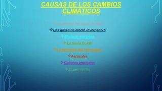 CAUSAS DE LOS CAMBIOS
CLIMÁTICOS
Los efectos del vapor de agua
Los gases de efecto invernadero
El efecto mariposa
La t...