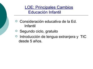 LOE: Principales Cambios
Educación Infantil
Consideración educativa de la Ed.
Infantil
Segundo ciclo, gratuito
Introducción de lengua extranjera y TIC
desde 5 años.