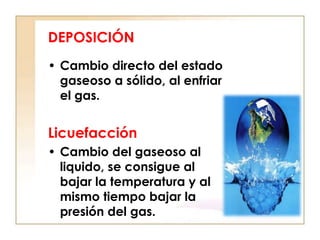 DEPOSICIÓN
• Cambio directo del estado
  gaseoso a sólido, al enfriar
  el gas.


Licuefacción
• Cambio del gaseoso al
  liquido, se consigue al
  bajar la temperatura y al
  mismo tiempo bajar la
  presión del gas.
 