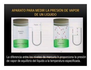 APARATO PARA MEDIR LA PRESIÓN DE VAPOR
                DE UN LIQUIDO




La diferencia entre los niveles de mercurio h proporciona la presión
de vapor de equilibrio del líquido a la temperatura especificada.
 