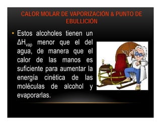 CALOR MOLAR DE VAPORIZACIÓN & PUNTO DE
                EBULLICIÓN

• Estos alcoholes tienen un
  ΔHvap menor que el del
  agua, de manera que el
  calor de las manos es
  suficiente para aumentar la
  energía cinética de las
  moléculas de alcohol y
  evaporarlas.
 