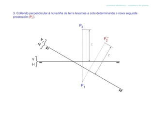 sistema diédrico - cambios de plano


3. Collendo perpendicular á nova liña de terra levamos a cota determinando a nova segunda
proxección (P2').
 