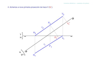 sistema diédrico - cambios de plano


4. Achamos a nova primeira proxección da traza V (V1').
 