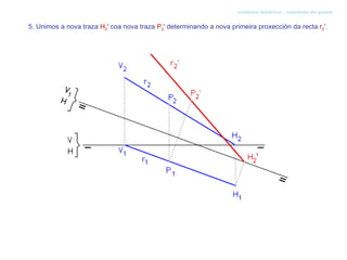 sistema diédrico - cambios de plano


5. Unimos a nova traza H2' coa nova traza P2' determinando a nova primeira proxección da recta r2'.
 
