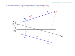 sistema diédrico - cambios de plano


3. Achamos as novas segundas proxeccións dos puntos (A2' e B2').
 