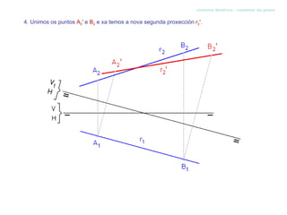 sistema diédrico - cambios de plano


4. Unimos os puntos A2' e B2 e xa temos a nova segunda proxección r2'.
 