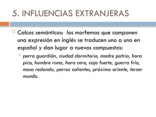 5. INFLUENCIAS EXTRANJERAS
 Calcos semánticos: los morfemas que componen
una expresión en inglés se traducen uno a uno en
español y dan lugar a nuevos compuestos:
 perro guardián, ciudad dormitorio, madre patria, hora
pico, hombre rana, hora cero, caja fuerte, guerra fría,
mesa redonda, perros calientes, próximo oriente, tercer
mundo.
 