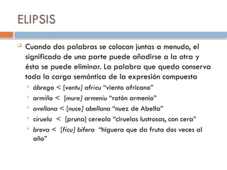 ELIPSIS
 Cuando dos palabras se colocan juntas a menudo, el
significado de una parte puede añadirse a la otra y
ésta se puede eliminar. La palabra que queda conserva
toda la carga semántica de la expresión compuesta
 ábrego < [ventu] africu “viento africano”
 armiño < [mure] armeniu “ratón armenio”
 avellana < [nuce] abellana “nuez de Abella”
 ciruela < [pruna] cereola “ciruelas lustrosas, con cera”
 breva < [ficu] bifera “higuera que da fruta dos veces al
año”
 