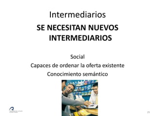 Intermediarios
  SE NECESITAN NUEVOS
     INTERMEDIARIOS

               Social
Capaces de ordenar la oferta existente
      Conocimiento semántico




                                         29
 