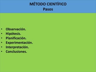 MÉTODO CIENTÍFICO
Pasos
• Observación.
• Hipótesis.
• Planificación.
• Experimentación.
• Interpretación.
• Conclusiones.
 