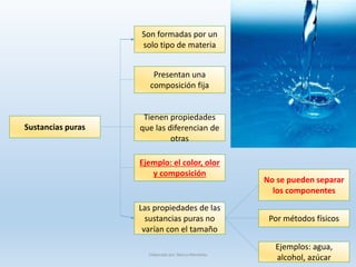 No se pueden separar
los componentes
Sustancias puras
Ejemplo: el color, olor
y composición
Presentan una
composición fija
Tienen propiedades
que las diferencian de
otras
Por métodos físicos
Son formadas por un
solo tipo de materia
Las propiedades de las
sustancias puras no
varían con el tamaño
Ejemplos: agua,
alcohol, azúcarElaborado por: Marco Mendieta
 