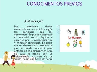 CONOCIMENTOS PREVIOS
¿Qué sabes ya?
Los materiales tienen
características especiales según
las particulas que los
conforman. Se pueden distinguir
un material solido, lìquido o
gaseoso por la compresibilidad
y cohesiòn molecular. Es decir,
que un determinado volumen de
gas, se puede comprimir para
obtener un volumen menor, pero
no pasa lo mismo con un
determinado volumen de un
sòlido, como una barra de cobre
 