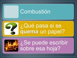 Combustión
¿Qué pasa si se
quema un papel?
¿Se puede escribir
sobre esa hoja?