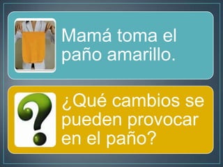 Mamá toma el
paño amarillo.
¿Qué cambios se
pueden provocar
en el paño?