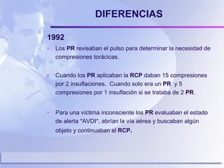 DIFERENCIAS 1992   Los  PR  revisaban el pulso para determinar la necesidad de compresiones torácicas. Cuando los  PR  aplicaban la  RCP  daban 15 compresiones por 2 insuflaciones.  Cuando solo era un  PR   y 5 compresiones por 1 insuflación si se trataba de 2  PR . Para una víctima inconsciente los  PR  evaluaban el estado de alerta *AVDI*, abrían la vía aérea y buscaban algún objeto y continuaban el  RCP .   