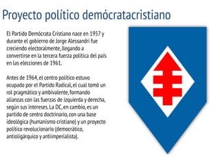 Proyecto político demócratacristiano 
El Partido Demócrata Cristiano nace en 1957 y durante el gobierno de Jorge Alessandri fue creciendo electoralmente, llegando a convertirse en la tercera fuerza política del país en las elecciones de 1961. Antes de 1964, el centro político estuvo ocupado por el Partido Radical, el cual tomó un rol pragmático y ambivalente, formando alianzas con las fuerzas de izquierda y derecha, según sus intereses. La DC, en cambio, es un partido de centro doctrinario, con una base ideológica (humanismo cristiano) y un proyecto político revolucionario (democrático, antioligárquico y antiimperialista).  