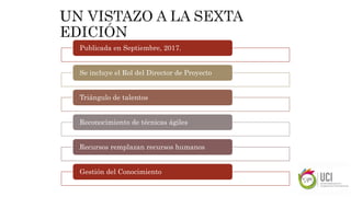 Publicada en Septiembre, 2017.
Se incluye el Rol del Director de Proyecto
Triángulo de talentos
Reconocimiento de técnicas ágiles
Recursos remplazan recursos humanos
Gestión del Conocimiento
 
