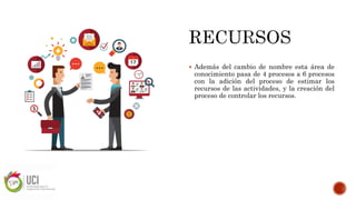  Además del cambio de nombre esta área de
conocimiento pasa de 4 procesos a 6 procesos
con la adición del proceso de estimar los
recursos de las actividades, y la creación del
proceso de controlar los recursos.
 
