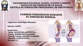 UNIVERSIDAD NACIONAL DANIEL ALCIDES CARRIÓN
FACULTAD DE CIENCIAS DE LA SALUD
ESCUELA DE FORMACIÓN PROFESIONAL DE OBSTETRICIA
CAMBIOS FISIOLÓGICOS DURANTE
EL EMBARAZO NORMAL
Asignatura: Semiología Obstetrica
Docente: CASTR
Integrantes:
_Betsy, ALCANTARA ADVINCULA
_Noelia, RAMOS HUAYNAPICHO
_Nayelly Yasmin, SINCHE CALDERON
_Jhanella, VARGAS BARJA
Semestre: VI
 