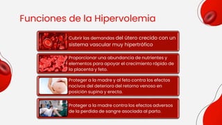 Funciones de la Hipervolemia
Cubrir las demandas del útero crecido con un
sistema vascular muy hipertrófico
Proporcionar una abundancia de nutrientes y
elementos para apoyar el crecimiento rápido de
la placenta y feto.
Proteger a la madre y al feto contra los efectos
nocivos del deterioro del retorno venoso en
posición supina y erecta.
Proteger a la madre contra los efectos adversos
de la perdida de sangre asociada al parto.
 