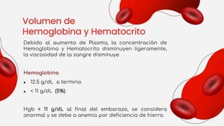 Volumen de
Hemoglobina y Hematocrito
Debido al aumento de Plasma, la concentraciòn de
Hemoglobina y Hematocrito disminuyen ligeramente,
la viscosidad de la sangre disminuye
Hemoglobina
● 12.5 g/dL a termino
● < 11 g/dL (5%)
Hgb < 11 g/dL al final del embarazo, se considera
anormal y se debe a anemia por deficiencia de hierro.
 
