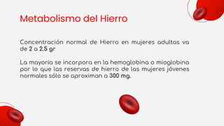 Metabolismo del Hierro
Concentración normal de Hierro en mujeres adultas va
de 2 a 2.5 gr
La mayoría se incorpora en la hemoglobina o mioglobina
por lo que las reservas de hierro de las mujeres jóvenes
normales sólo se aproximan a 300 mg.
 