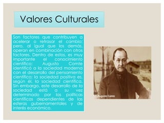 Valores Culturales
Son factores que contribuyen a
acelerar o retrasar el cambio;
pero, al igual que los demás,
operan en combinación con otros
factores. Dentro de estos, es muy
importante el conocimiento
científico; Augusto Comte
identificó a la sociedad moderna
con el desarrollo del pensamiento
científico; la sociedad positiva es,
según él, la sociedad científica.
Sin embargo, este desarrollo de la
sociedad está a su vez
determinado por las políticas
científicas dependientes de las
esferas gubernamentales y de
interés económico.
 