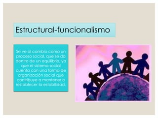 Estructural-funcionalismo
Se ve al cambio como un
proceso social, que se da
dentro de un equilibrio, ya
que el sistema social
cuenta con una forma de
organización social que
contribuye a mantener o
restablecer la estabilidad.
 