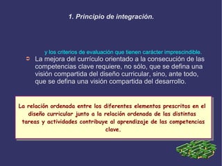 1. Principio de integración.
y los criterios de evaluación que tienen carácter imprescindible.
➲ La mejora del currículo orientado a la consecución de las
competencias clave requiere, no sólo, que se defina una
visión compartida del diseño curricular, sino, ante todo,
que se defina una visión compartida del desarrollo.
La relación ordenada entre los diferentes elementos prescritos en el
diseño curricular junto a la relación ordenada de las distintas
tareas y actividades contribuye al aprendizaje de las competencias
clave.
La relación ordenada entre los diferentes elementos prescritos en el
diseño curricular junto a la relación ordenada de las distintas
tareas y actividades contribuye al aprendizaje de las competencias
clave.
 